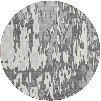 8' Gray And Ivory Round Abstract Washable Indoor Outdoor Area Rug