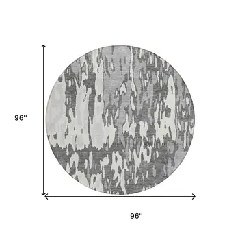 8' Gray And Ivory Round Abstract Washable Indoor Outdoor Area Rug