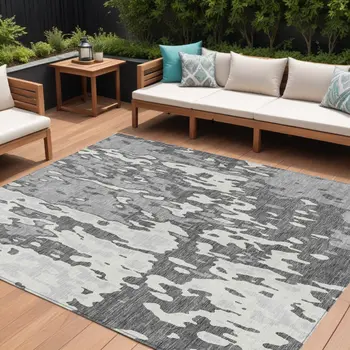 10' X 14' Gray And Ivory Abstract Washable Indoor Outdoor Area Rug