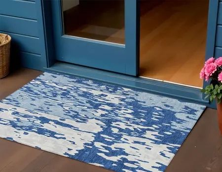 3' X 5' Navy Blue And Ivory Abstract Washable Indoor Outdoor Area Rug