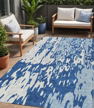 5' X 8' Navy Blue And Ivory Abstract Washable Indoor Outdoor Area Rug