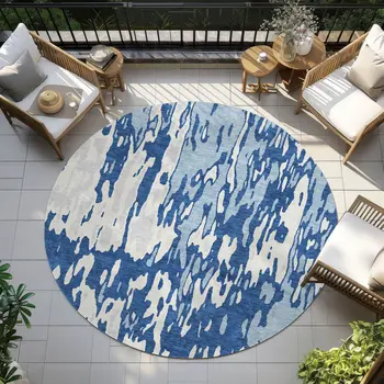 8' Navy Blue And Ivory Round Abstract Washable Indoor Outdoor Area Rug