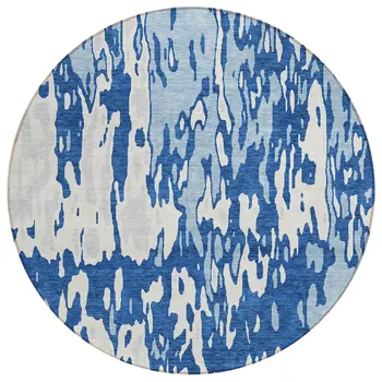 8' Navy Blue And Ivory Round Abstract Washable Indoor Outdoor Area Rug