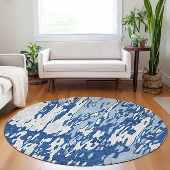 8' Navy Blue And Ivory Round Abstract Washable Indoor Outdoor Area Rug