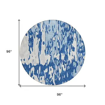 8' Navy Blue And Ivory Round Abstract Washable Indoor Outdoor Area Rug