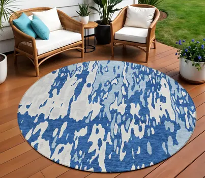8' Navy Blue And Ivory Round Abstract Washable Indoor Outdoor Area Rug