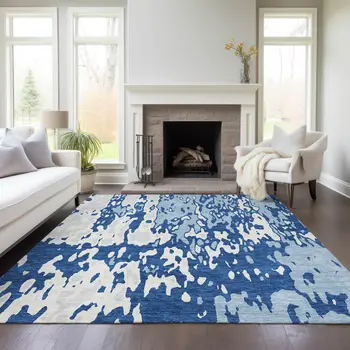 8' X 10' Navy Blue And Ivory Abstract Washable Indoor Outdoor Area Rug