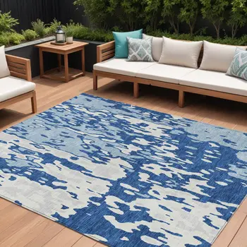 9' X 12' Navy Blue And Ivory Abstract Washable Indoor Outdoor Area Rug