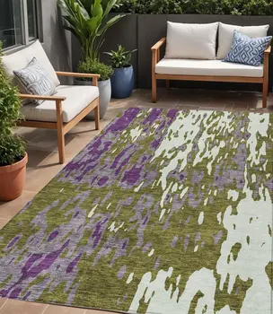 5' X 8' Olive Green And Purple Abstract Washable Indoor Outdoor Area Rug