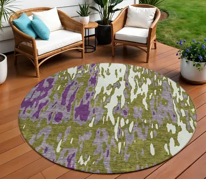 8' Olive Green And Purple Round Abstract Washable Indoor Outdoor Area Rug