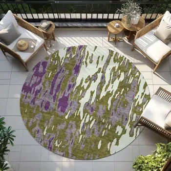 8' Olive Green And Purple Round Abstract Washable Indoor Outdoor Area Rug