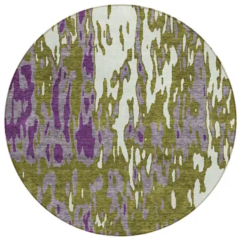 8' Olive Green And Purple Round Abstract Washable Indoor Outdoor Area Rug