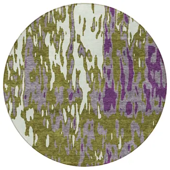 8' Olive Green And Purple Round Abstract Washable Indoor Outdoor Area Rug