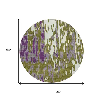 8' Olive Green And Purple Round Abstract Washable Indoor Outdoor Area Rug