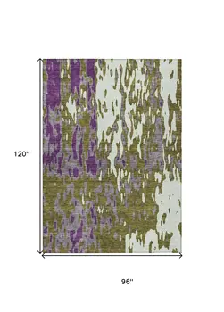 8' X 10' Olive Green And Purple Abstract Washable Indoor Outdoor Area Rug