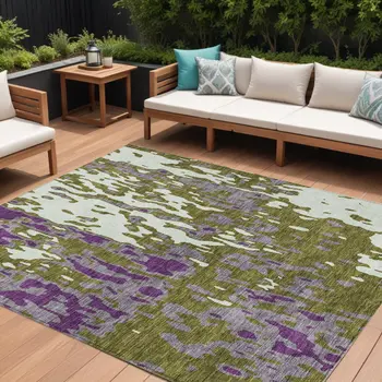 8' X 10' Olive Green And Purple Abstract Washable Indoor Outdoor Area Rug