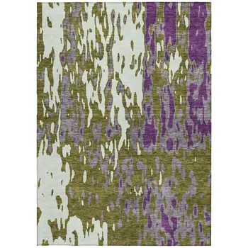 8' X 10' Olive Green And Purple Abstract Washable Indoor Outdoor Area Rug