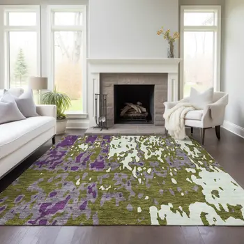 8' X 10' Olive Green And Purple Abstract Washable Indoor Outdoor Area Rug