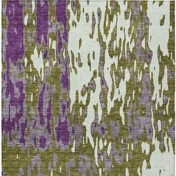 9' X 12' Olive Green And Purple Abstract Washable Indoor Outdoor Area Rug