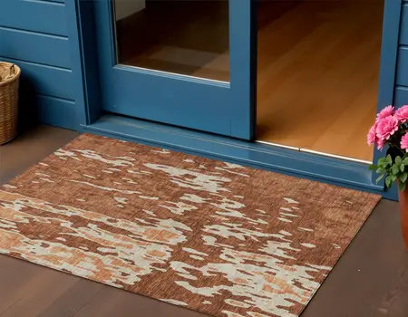 3' X 5' Orange And Ivory Abstract Washable Indoor Outdoor Area Rug