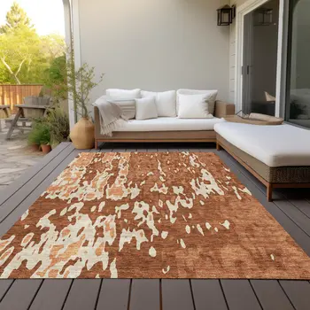 3' X 5' Orange And Ivory Abstract Washable Indoor Outdoor Area Rug