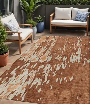 5' X 8' Orange And Ivory Abstract Washable Indoor Outdoor Area Rug