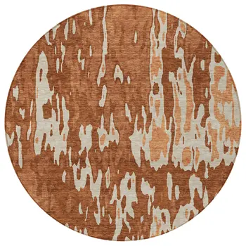 8' Orange And Ivory Round Abstract Washable Indoor Outdoor Area Rug