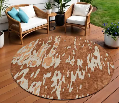 8' Orange And Ivory Round Abstract Washable Indoor Outdoor Area Rug