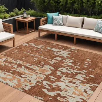 8' X 10' Orange And Ivory Abstract Washable Indoor Outdoor Area Rug
