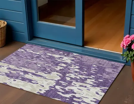 3' X 5' Purple And Ivory Abstract Washable Indoor Outdoor Area Rug