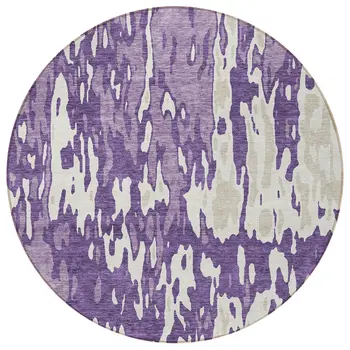 8' Purple And Ivory Round Abstract Washable Indoor Outdoor Area Rug