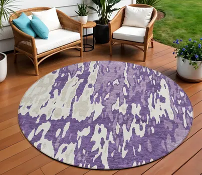 8' Purple And Ivory Round Abstract Washable Indoor Outdoor Area Rug