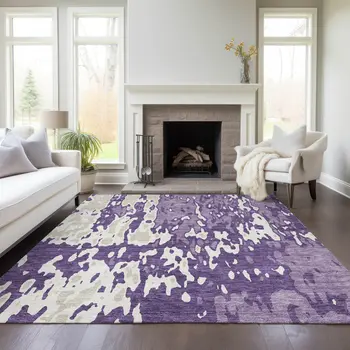 9' X 12' Purple And Ivory Abstract Washable Indoor Outdoor Area Rug