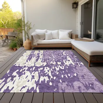 10' X 14' Purple And Ivory Abstract Washable Indoor Outdoor Area Rug