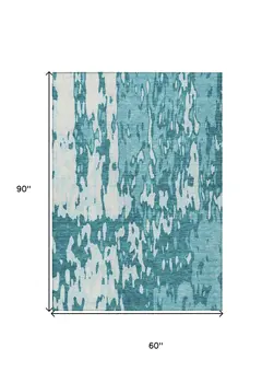 5' X 8' Teal Blue And Ivory Abstract Washable Indoor Outdoor Area Rug