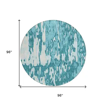 8' Teal Blue And Ivory Round Abstract Washable Indoor Outdoor Area Rug