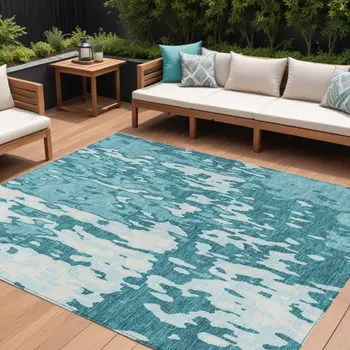 8' X 10' Teal Blue And Ivory Abstract Washable Indoor Outdoor Area Rug