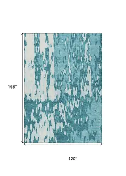 10' X 14' Teal Blue And Ivory Abstract Washable Indoor Outdoor Area Rug