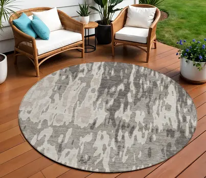 8' Taupe And Ivory Round Abstract Washable Indoor Outdoor Area Rug