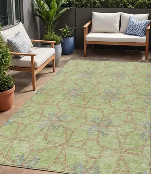 5' X 8' Sage And Blue Geometric Washable Indoor Outdoor Area Rug