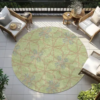 8' Sage And Blue Round Geometric Washable Indoor Outdoor Area Rug