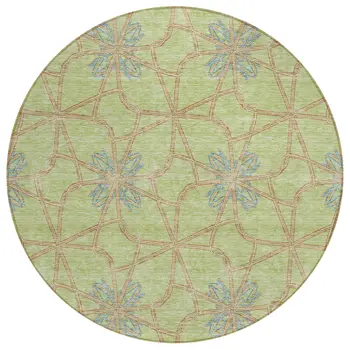 8' Sage And Blue Round Geometric Washable Indoor Outdoor Area Rug