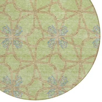 8' Sage And Blue Round Geometric Washable Indoor Outdoor Area Rug