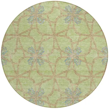 8' Sage And Blue Round Geometric Washable Indoor Outdoor Area Rug