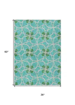 3' X 5' Aqua And Green Geometric Washable Indoor Outdoor Area Rug