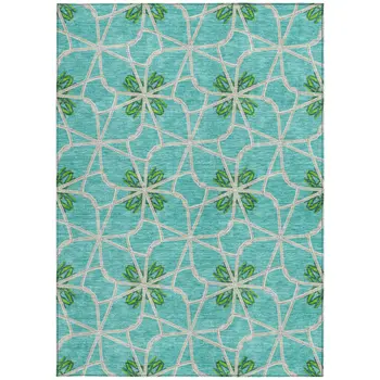 3' X 5' Aqua And Green Geometric Washable Indoor Outdoor Area Rug