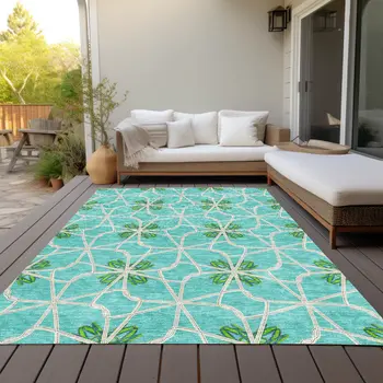 5' X 8' Aqua And Green Geometric Washable Indoor Outdoor Area Rug