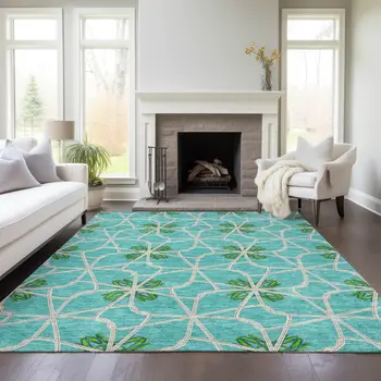 5' X 8' Aqua And Green Geometric Washable Indoor Outdoor Area Rug