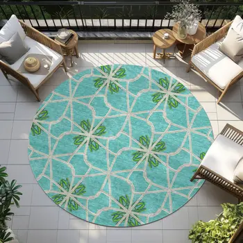 8' Aqua And Green Round Geometric Washable Indoor Outdoor Area Rug