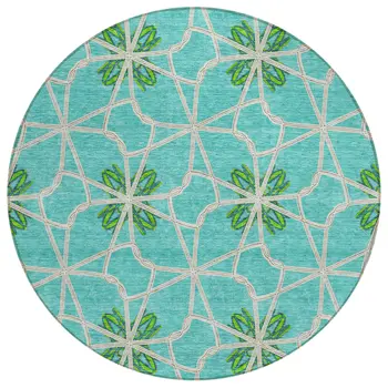 8' Aqua And Green Round Geometric Washable Indoor Outdoor Area Rug